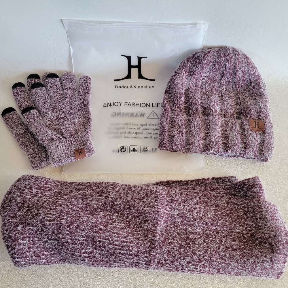 Warm Winter Knit Beanie Hat, Gloves, Long Scarf Set Fleece Lined Hat